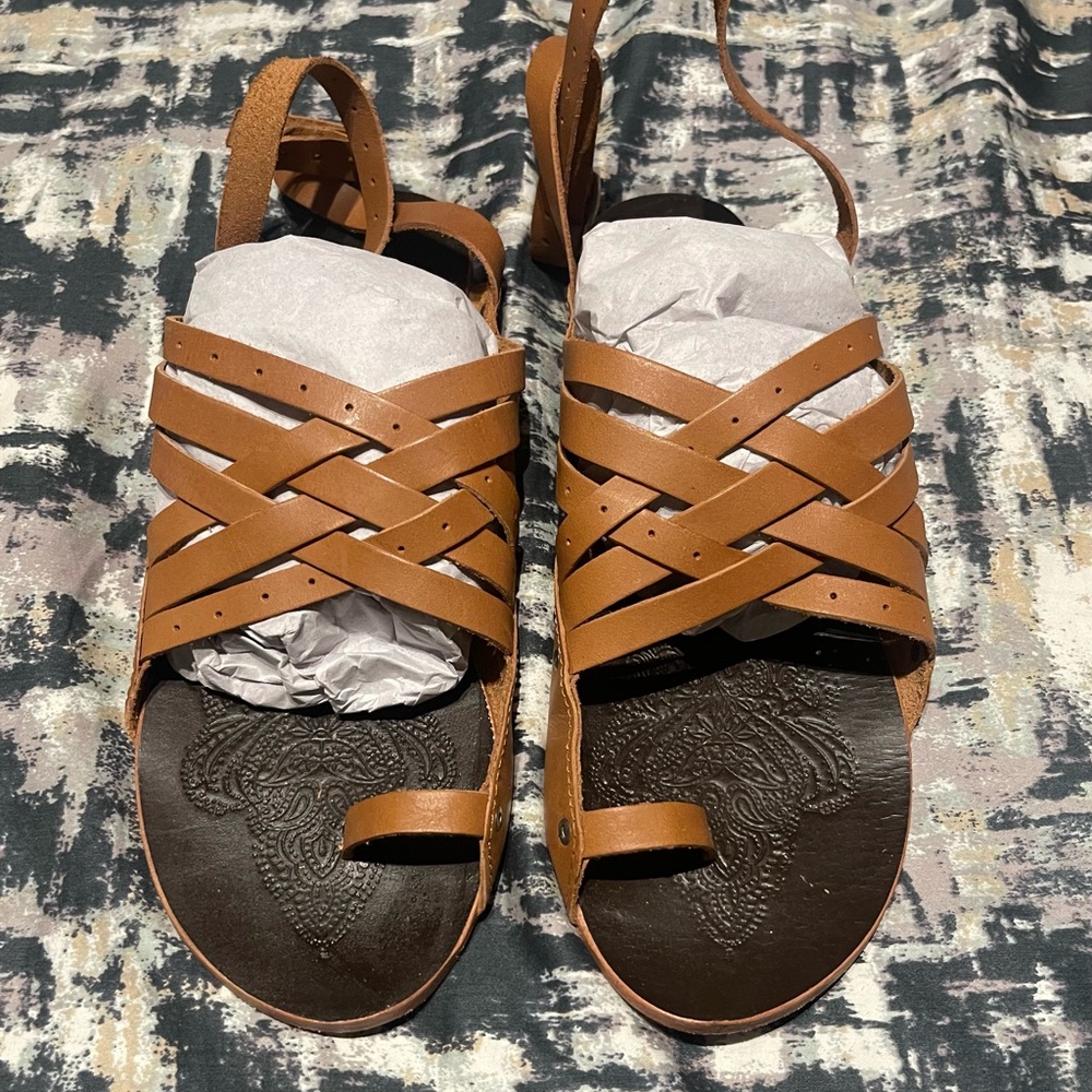 Belize Strappy Tan Leather Sandals ankle strap size 39/8